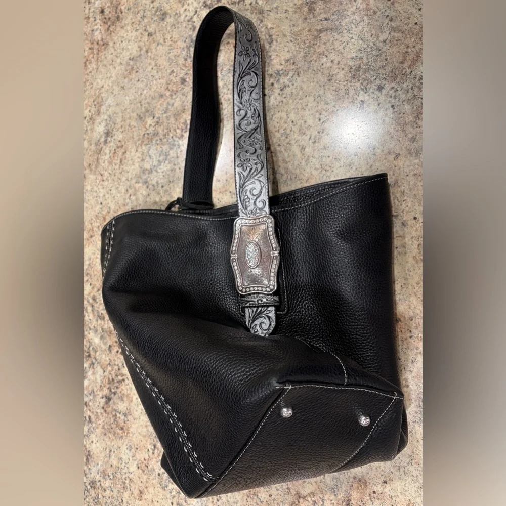 Brighton Black Concho Leather Women’s Shoulder Bag with Decorative Silver Strap